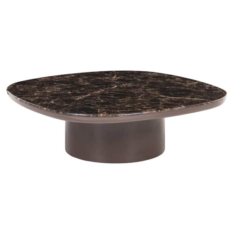 Table de salon e moderne de forme arrondie, avec un plateau en marbre brun chocolat.