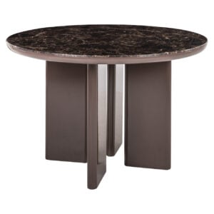 Eettafel Almundi met ronde marmeren top en metalen onderstel.