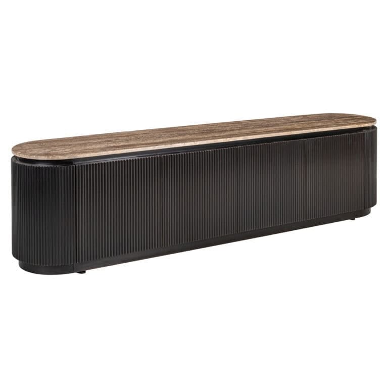 Modern TV-meubel Russo met ash brown bovenblad en zwarte onderkast.
