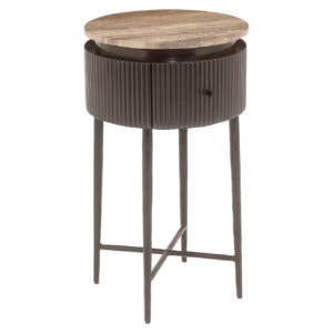 Moderner Beistelltisch mit Holzplatte und schwarzen Metallbeinen.