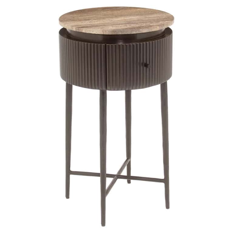 Moderne bijzettafel met ronde houten bovenkant en ribbelige kast.