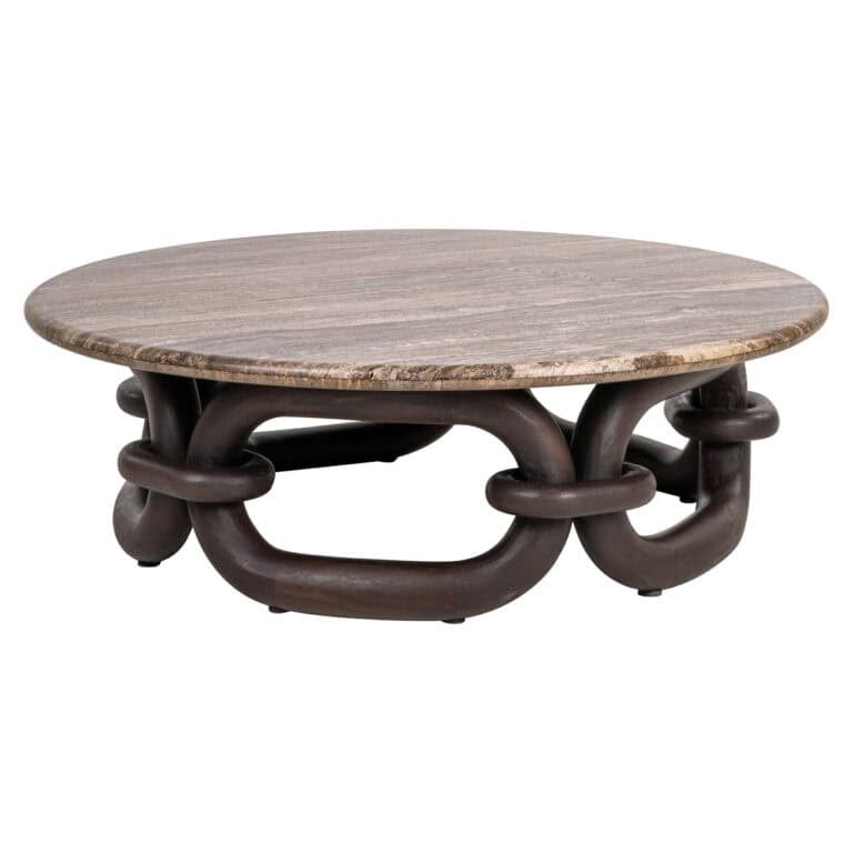 Une table « Table de salon » unique, dotée d'un plateau en bois et d'un piètement sculptural en bois foncé.