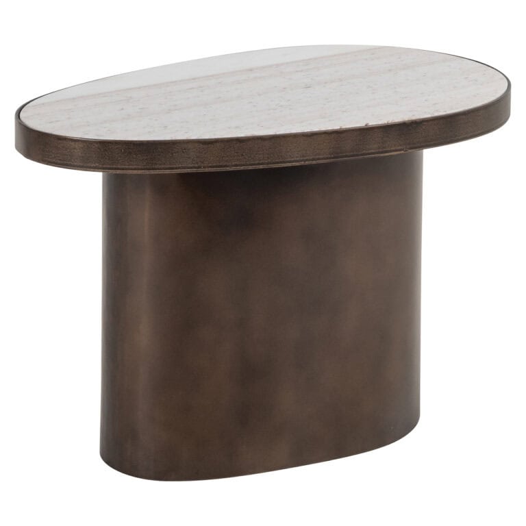 Moderne bijzettafel in bruin en wit met oval blad en cilindrische basis.