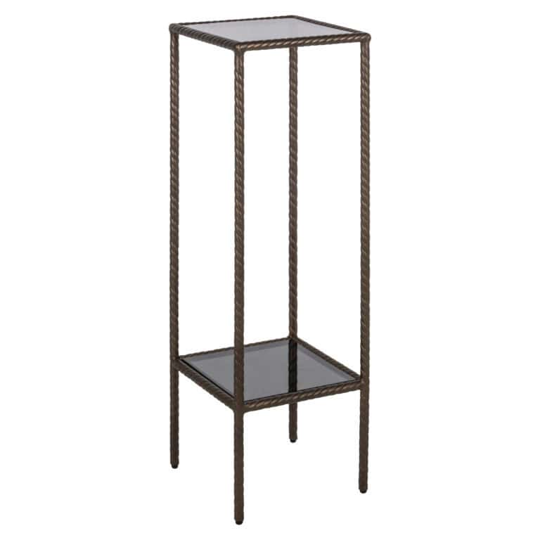 Moderner Pflanzenständer mit Metallgestell und Glasplatte.