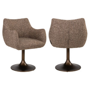Eetkamerstoel Aldo met ronde basis en zachte bekleding in bruin tweed.