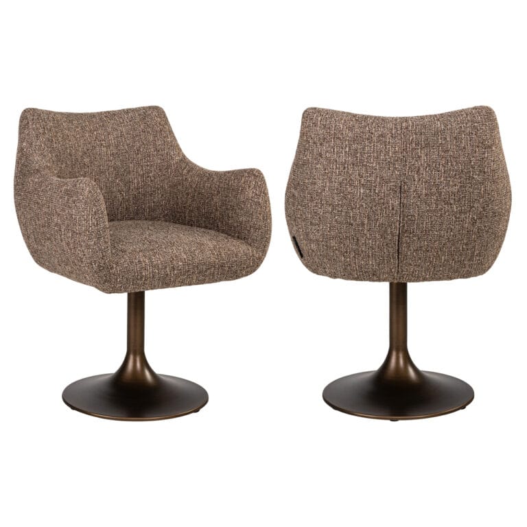 Chaise de salle à manger Aldo avec piètement rond et revêtement moelleux en tweed marron.