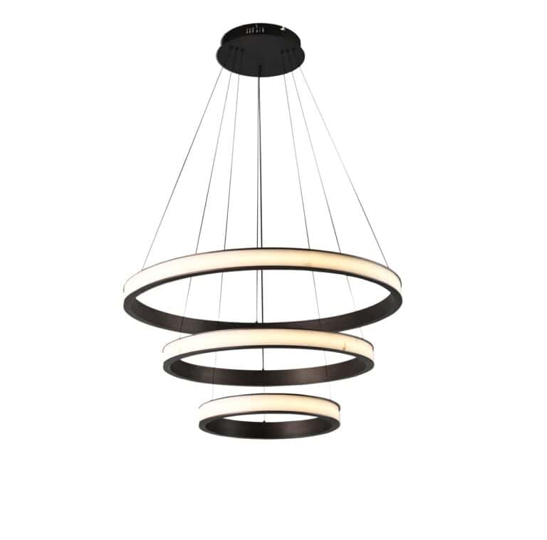 Modern pendant lamp with circular LED lights in an antique bronze finish.