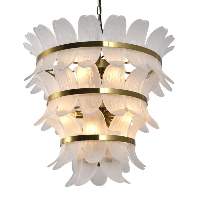 Elegante hanglamp Ameline met brass afwerking en bloemvormige glazen kap.