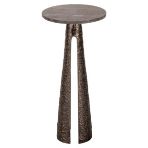 Eldora bronzen bijzettafel met ronde top en sculpturale basis.