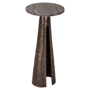 Bronzen bijzettafel Eldora met ronde top en sculpturale basis.