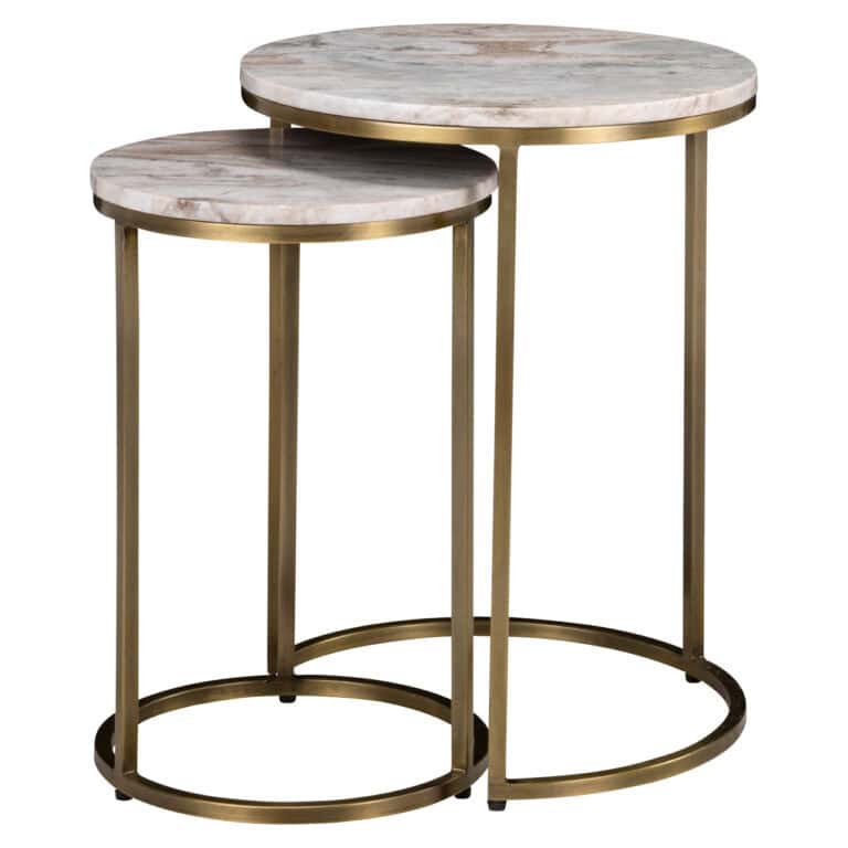 Set of two side tables with marble tops and gold legs.