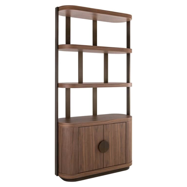 Wandkast Windsor walnut met open planken en gesloten opbergkast.