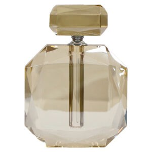 Decorative " champagne " bottle-shaped object with a gold cap and glass body.