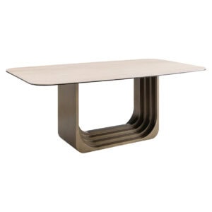 Maxfield modern dining table in beige with a unique metal base.