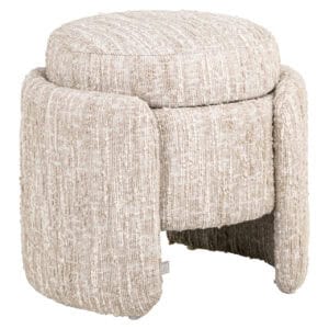 Beige angora poef en voetenbank met opbergruimte.