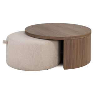 Moderne salontafel set met walnoothout en stoffen poef.
