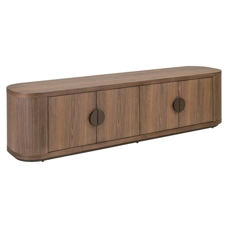 TV-Schrank „Windsor Walnut“ mit drei Türen und runden Griffen.