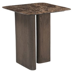 Side table with a smoked marble top and wooden legs.
