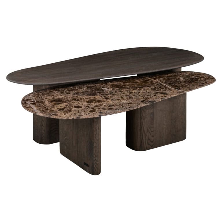 Modern coffee table set with dark wood and a marble top.