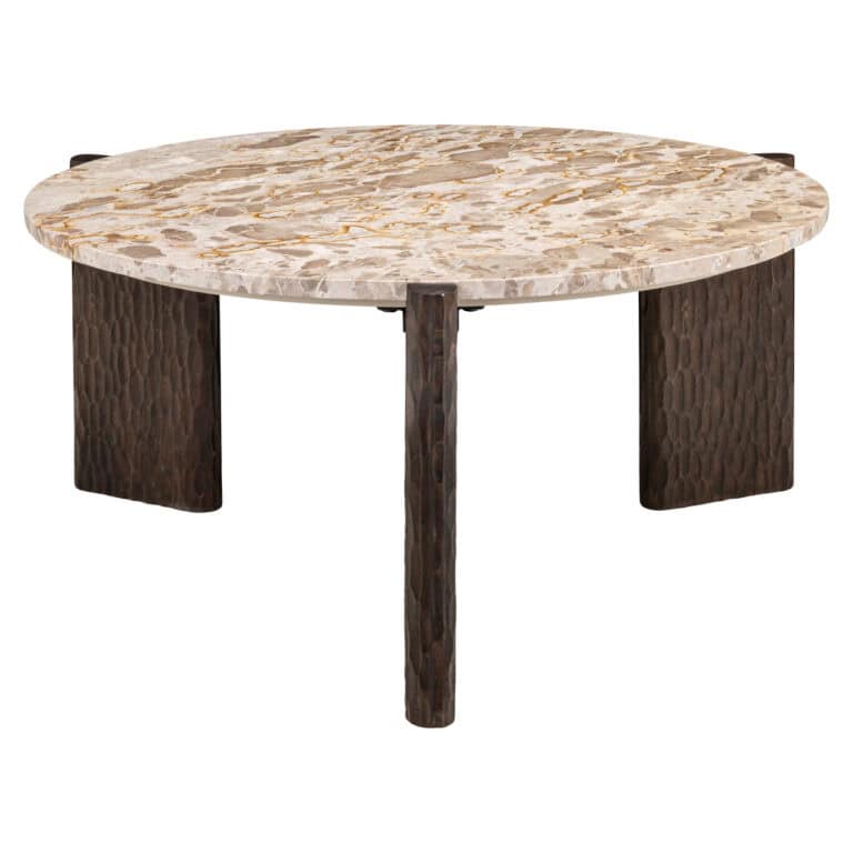 Runder Couchtisch mit Marmorplatte und Holzbeinen.