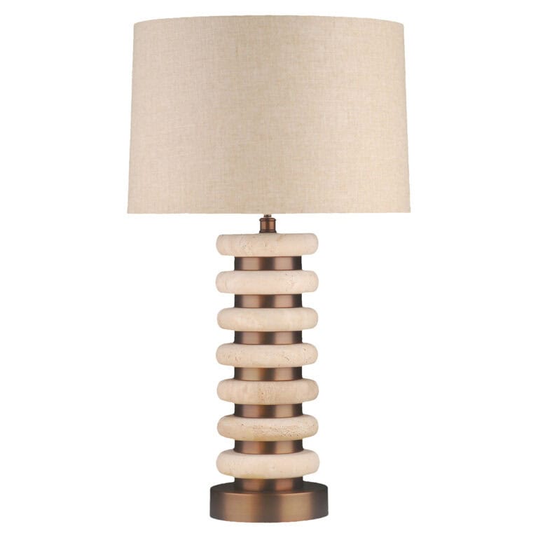 Moderne tafellamp Blair met houten en metalen elementen.