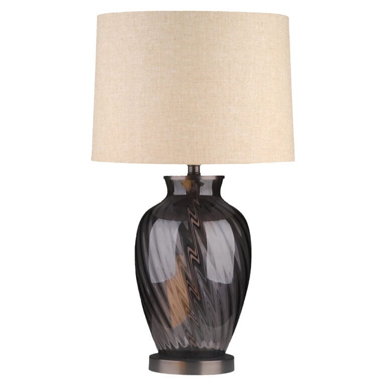 Tafellamp Rowan smoke met beige lampenkap en zwart glanzende basis.