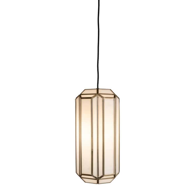 Elegante hanglamp Elona in antiek messing met geometrisch ontwerp.
