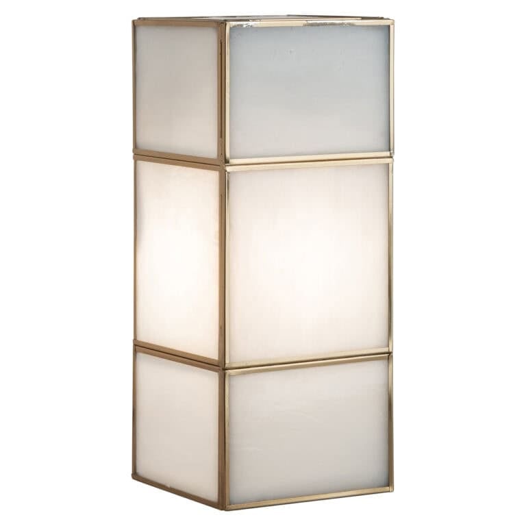 Kleine Sofia wandlamp met antieke messing afwerking en wit glas.