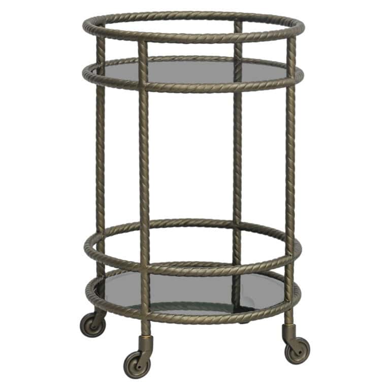 Antique copper trolley with four wheels and round shelves.