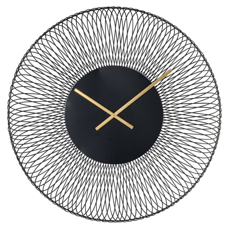 Modern black clock with gold hands and an open-frame design.