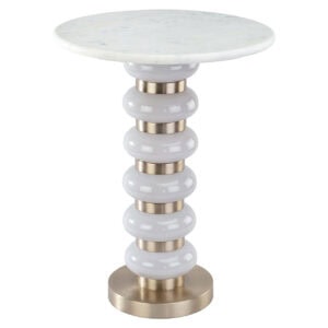 Table d'appoint moderne blanche avec des détails dorés et un plateau rond.