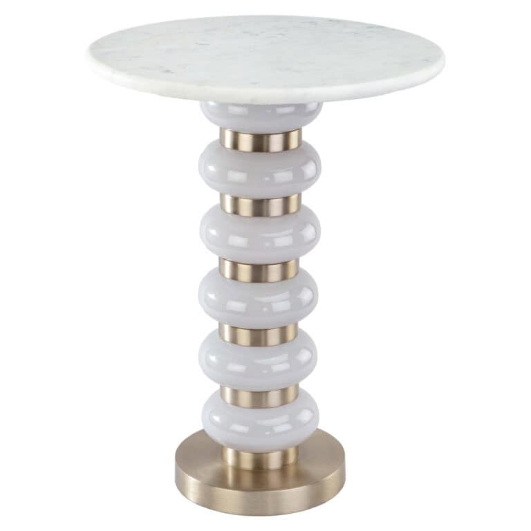 Moderne witte bijzettafel met gouden details en ronde top.