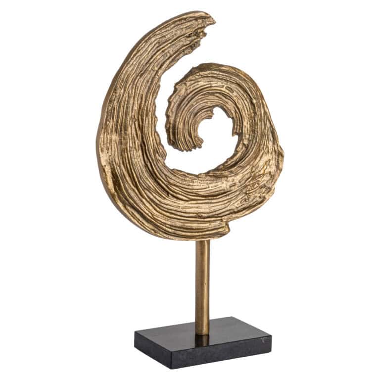 Dekoratives Objekt aus antikem Bronze in Spiralform, auf schwarzem Sockel.