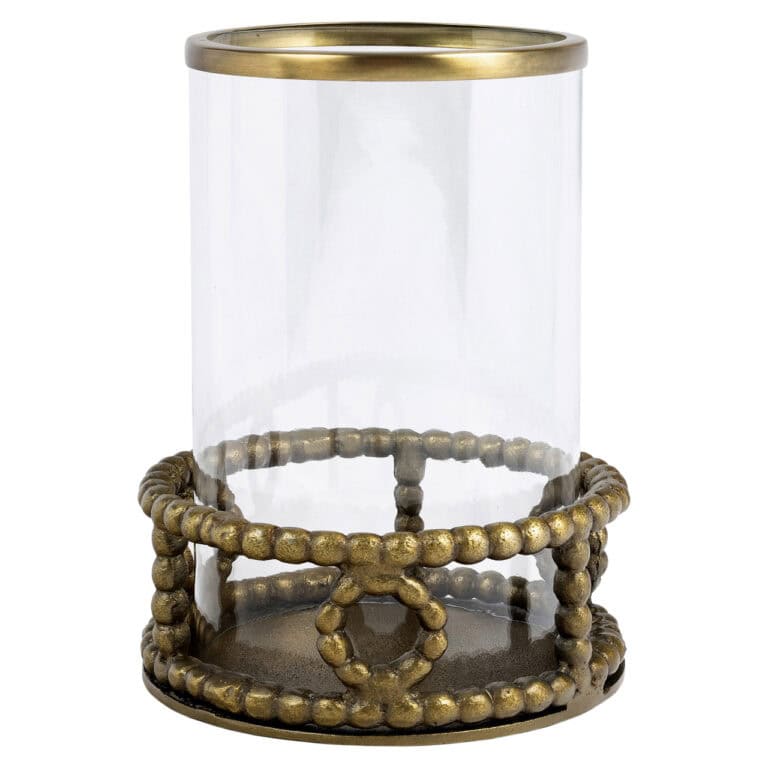 Brass windlicht met glazen omhulsel en decoratief metalen voetstuk.