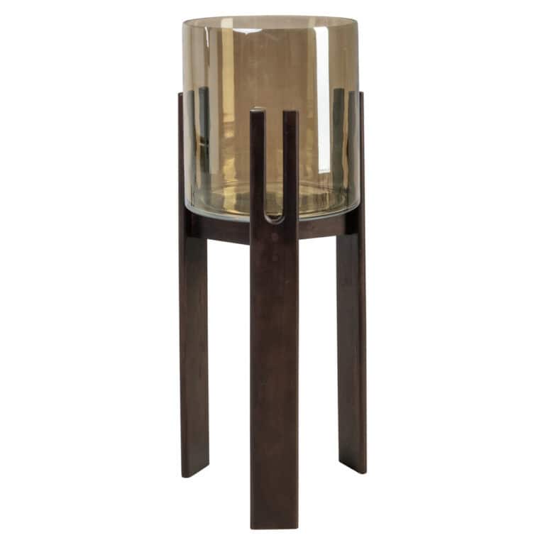 Hurricane light in walnut with a glass shade, modern design.