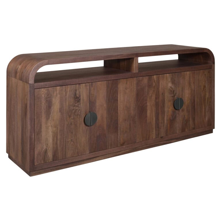 Dressoir Baldwin in Spicebrown met schuifdeuren en open vak.