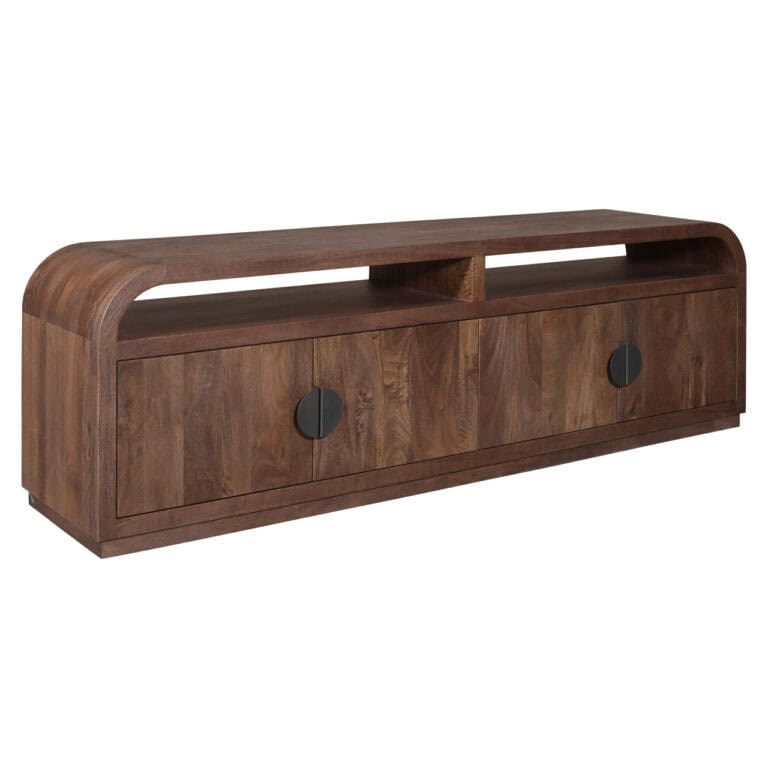 Modern Baldwin wooden TV stand in spice brown with sliding doors.