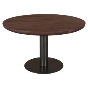 Eettafel Baldwin met ronde houten top en zwart metalen onderstel.