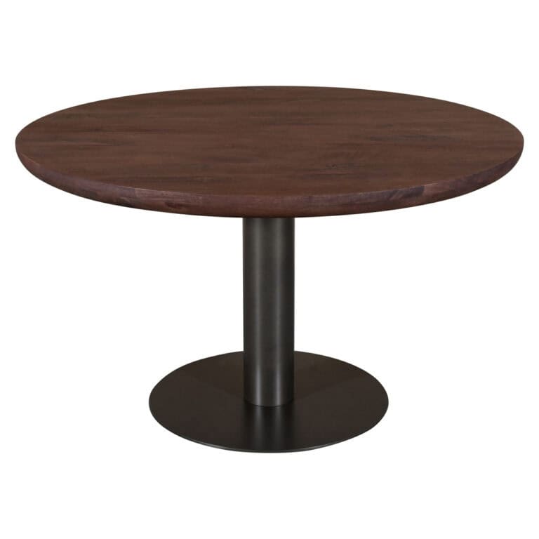 Baldwin dining table with a round wooden top and a black metal base.