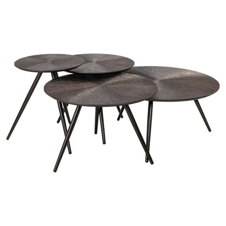 Set of four round coffee tables made of wood and metal, modern design.