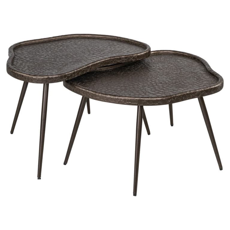 Set of two modern coffee tables with black wooden legs and textured tops.