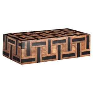 Petite boîte de rangement en bois avec un motif géométrique, idéale pour la décoration d'intérieur.