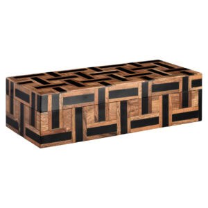 Grande boîte de rangement en bois ornée d'un motif géométrique marron et noir.