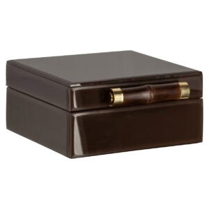 Kleine donkerbruine opbergdoos met houten handvat en goudaccenten.
