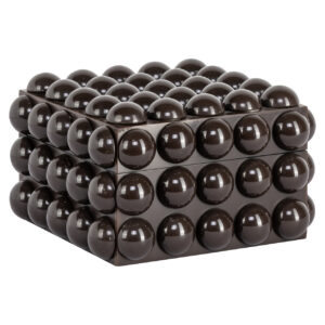 Kleine donkerbruine opbergdoos met bolvormige deksels.