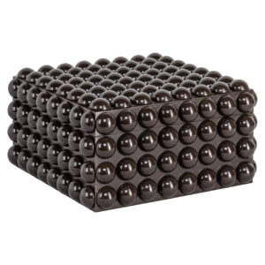 Large dark brown storage box with round knobs for organization.