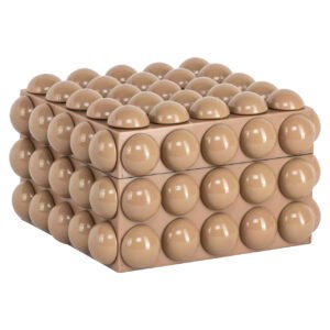Petite boîte de rangement beige avec des boutons ronds pour s'organiser.
