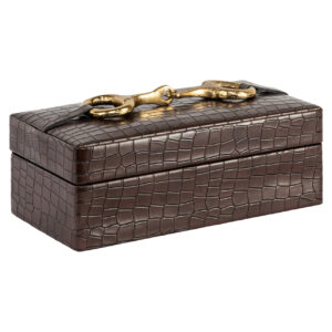 Small dark brown storage box with a crocodile pattern and a gold clasp.