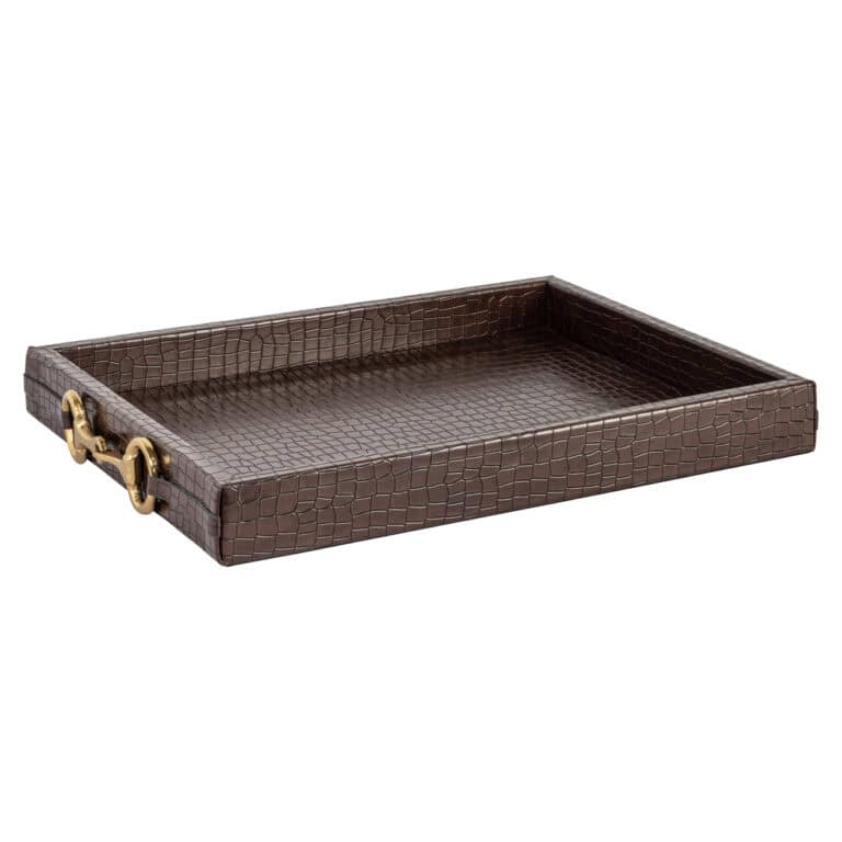 Tablett „Banks“, dunkelbraun mit goldenen Griffen, für den Innenbereich.