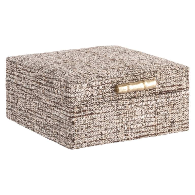 Kleine bruine opbergdoos met gouden handvat, elegant en functioneel.